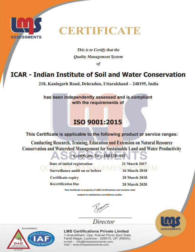 ICAR-IISWC is an ISO 9001:2015 Certified Institute